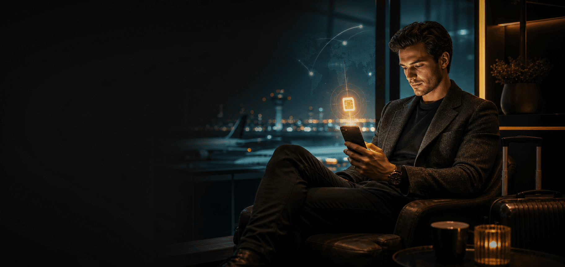 Traveler activating an eSIM from an airport lounge
